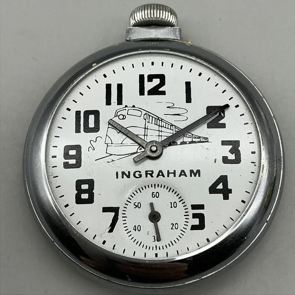 Vintage Ingraham Train Pocket Watch Men 50mm White Dial Manual Wind Not Running